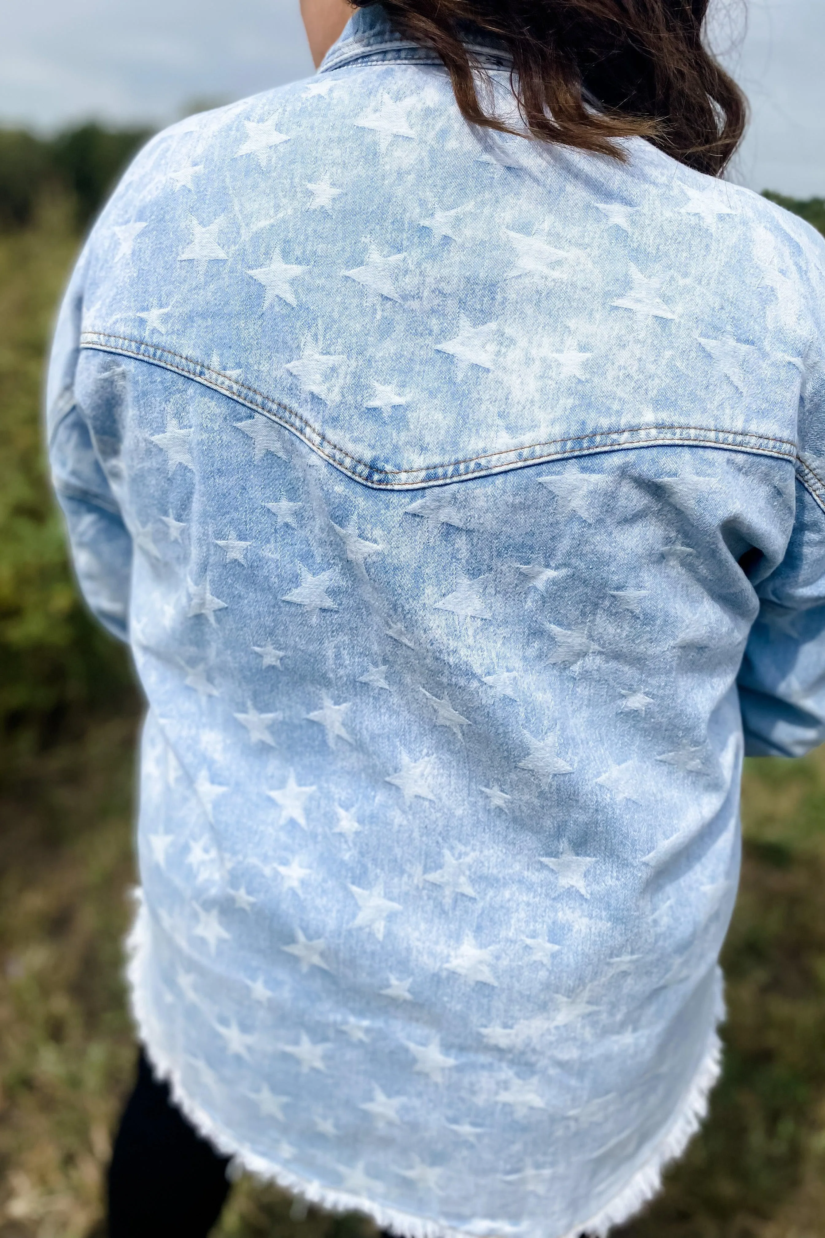 The Stars Aligned- Lt. Wash Denim Jacket w/ Star Print & Chest Pockets