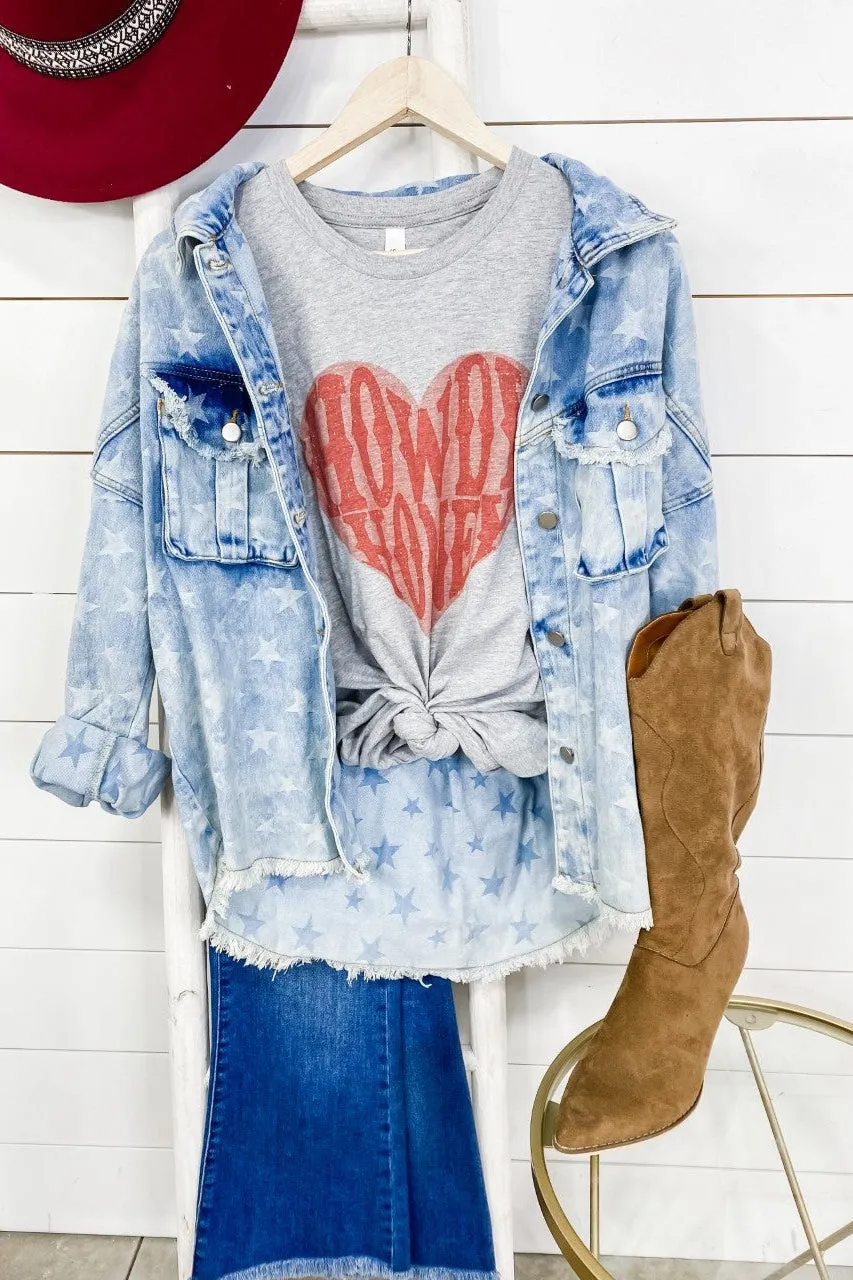 The Stars Aligned- Lt. Wash Denim Jacket w/ Star Print & Chest Pockets