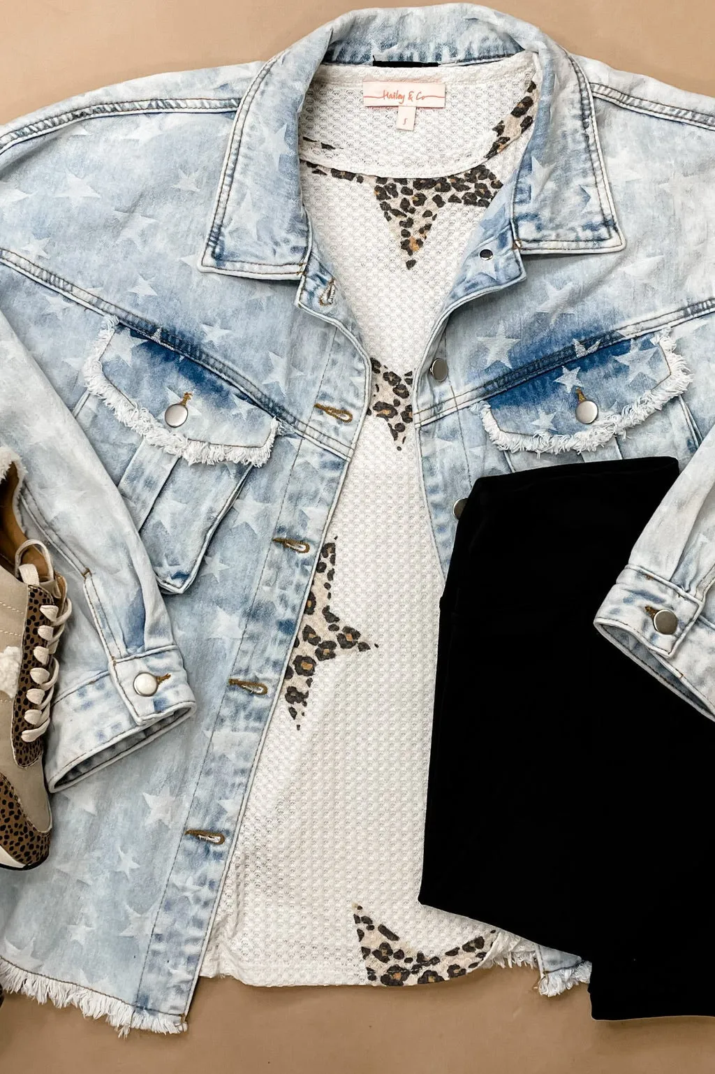 The Stars Aligned- Lt. Wash Denim Jacket w/ Star Print & Chest Pockets