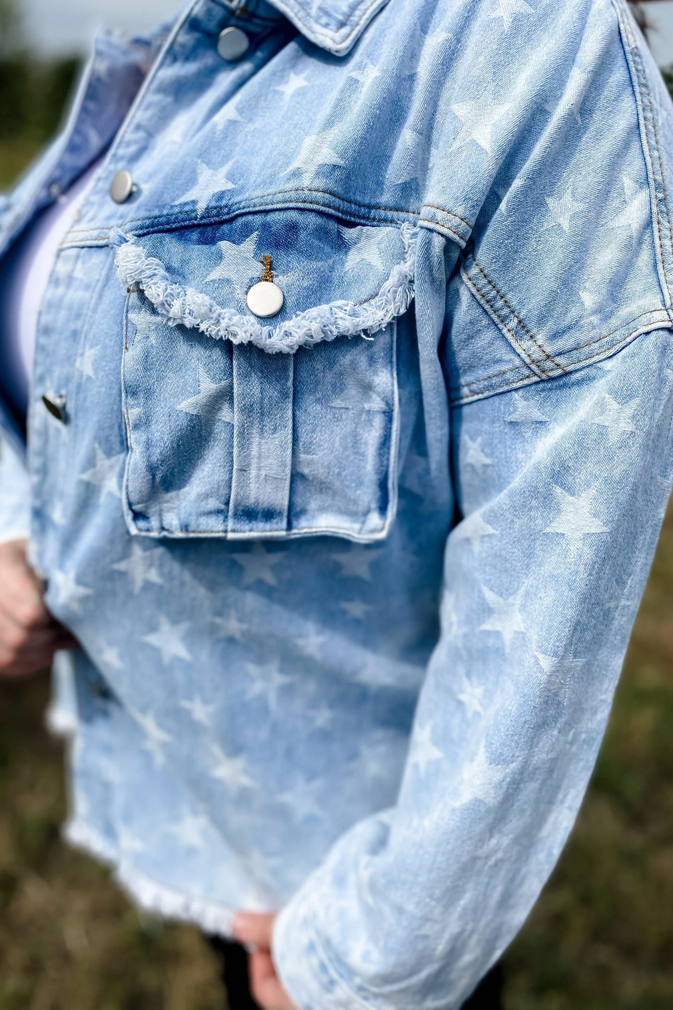 The Stars Aligned- Lt. Wash Denim Jacket w/ Star Print & Chest Pockets