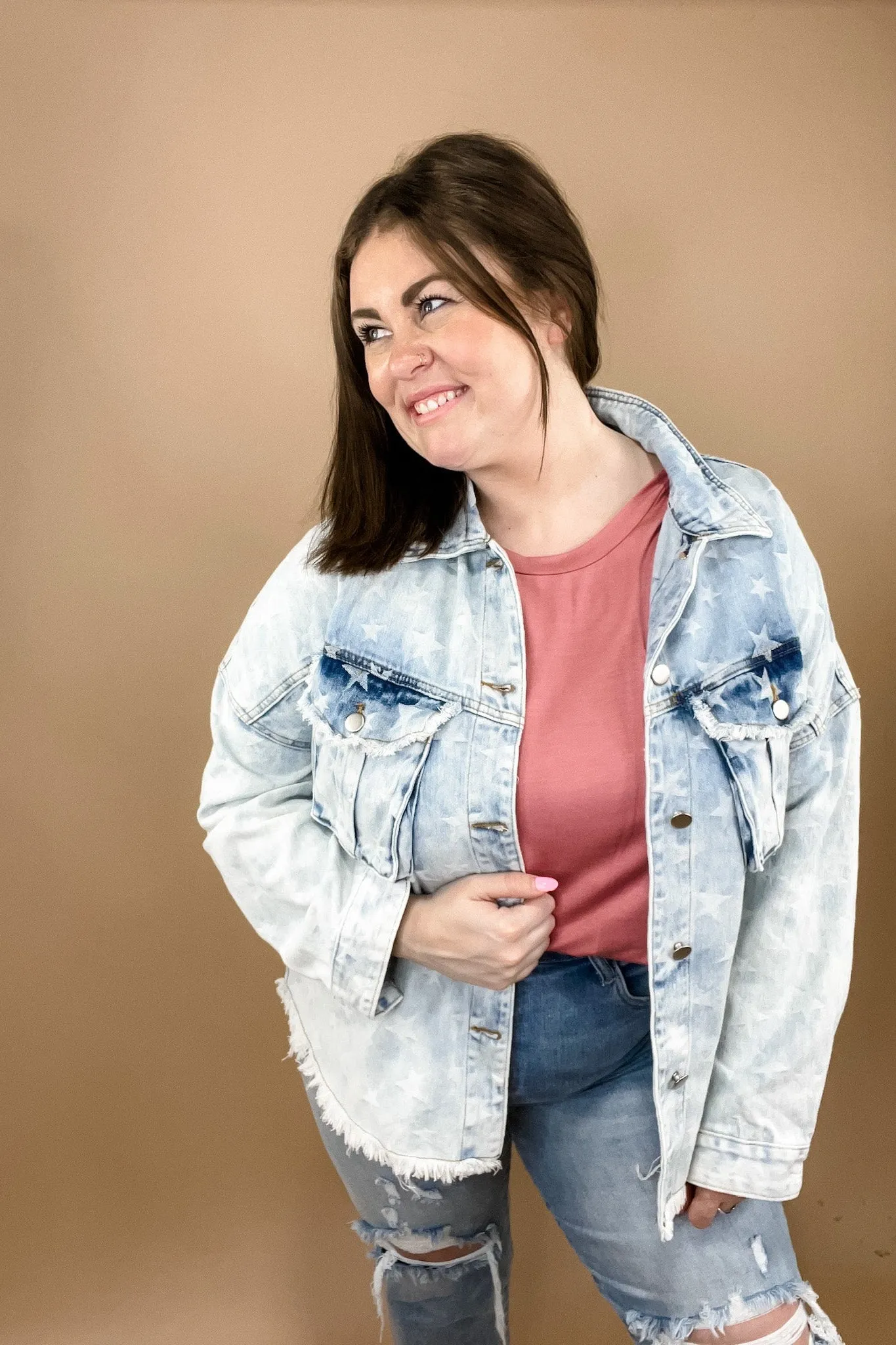 The Stars Aligned- Lt. Wash Denim Jacket w/ Star Print & Chest Pockets