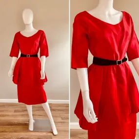 Vintage 1950s Red Wiggle Dress / 50s Holiday Dress / 1950s Party Dress with Peplum / Size M